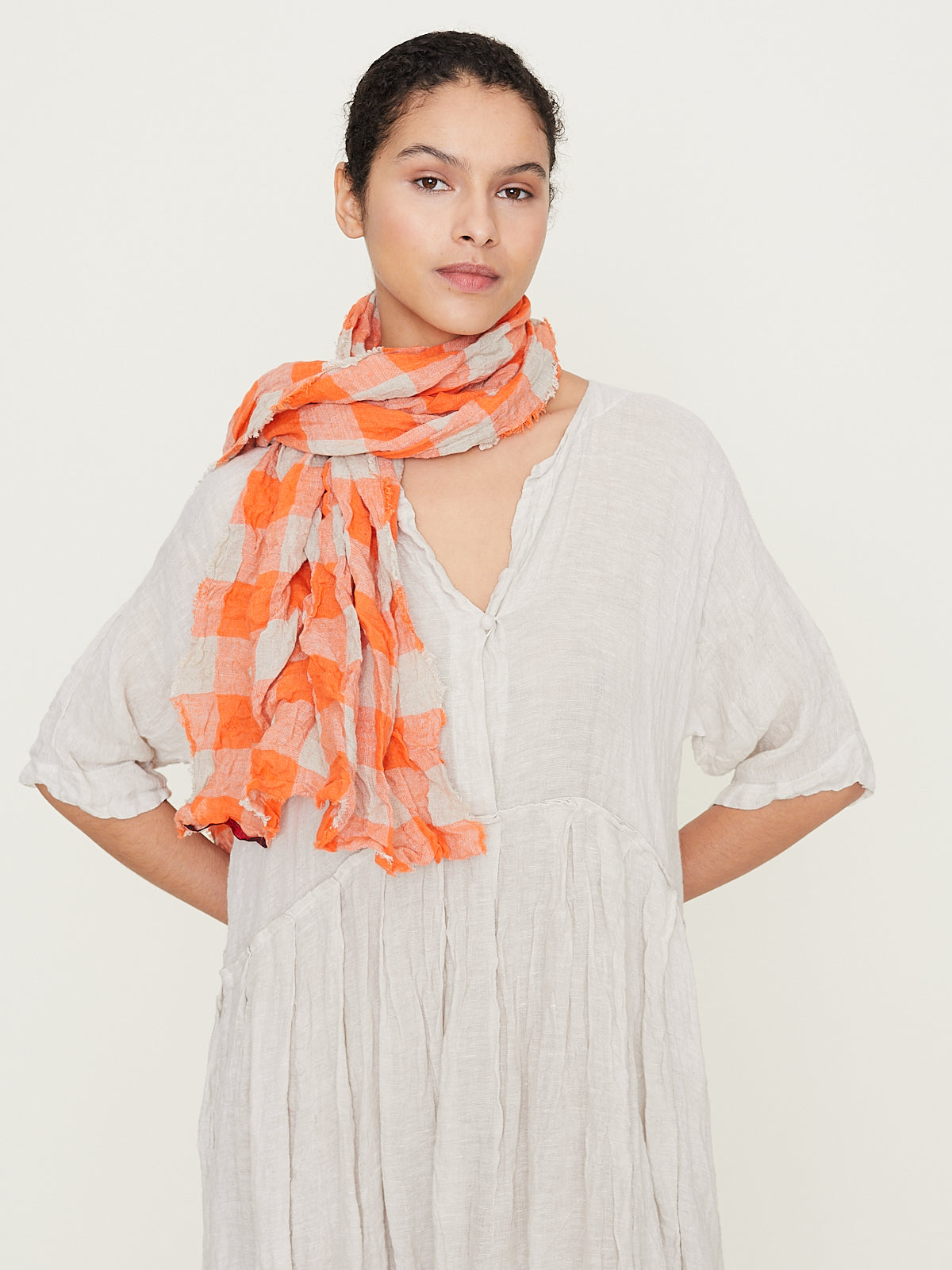 Daniela Gregis - Scialle Shawl 1/2 Lavato in Fluo Orange/Raw 5cm Check