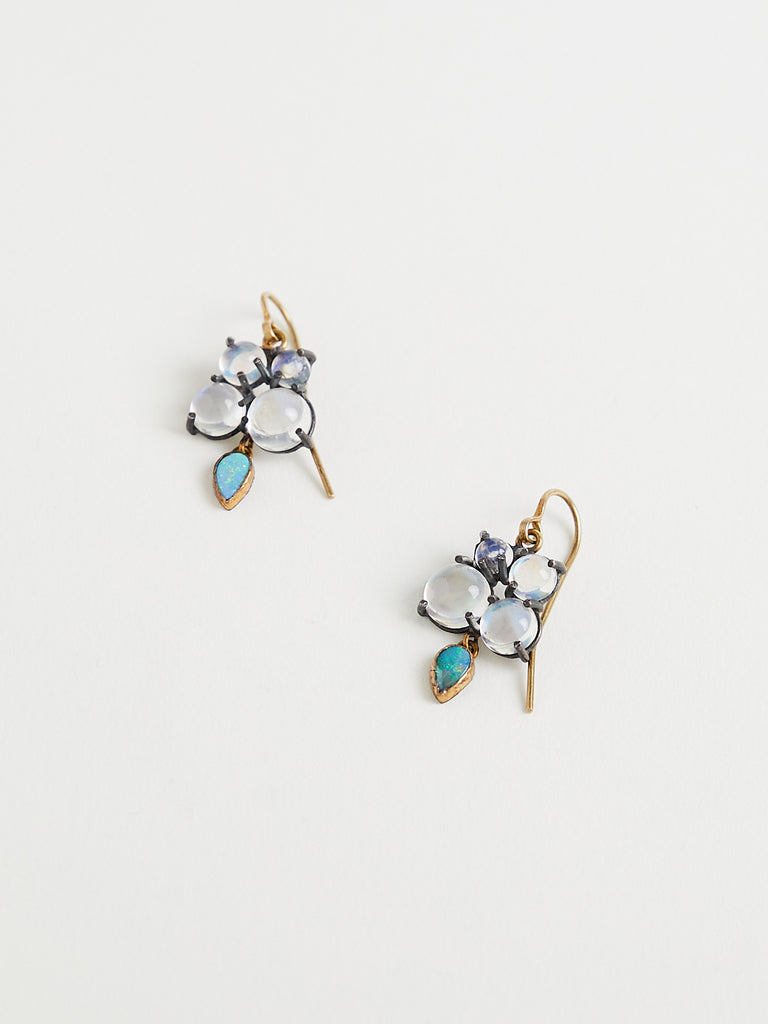 Judy Geib Moonstone Quadruple Prong-Set Earrings with Dangling Pear-Shaped Opal on 18k Yellow Gold & Silver