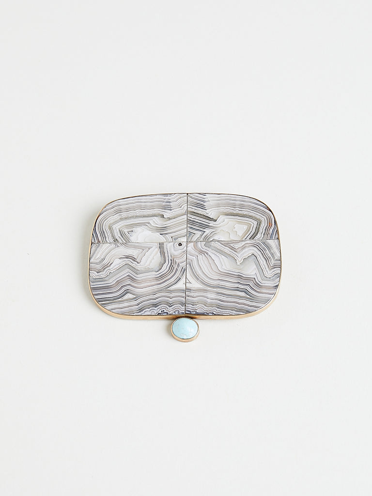Judy Geib Striped Agate and Persian Turquoise Agate Pin with Pale 18k Gold Platinum and Silver