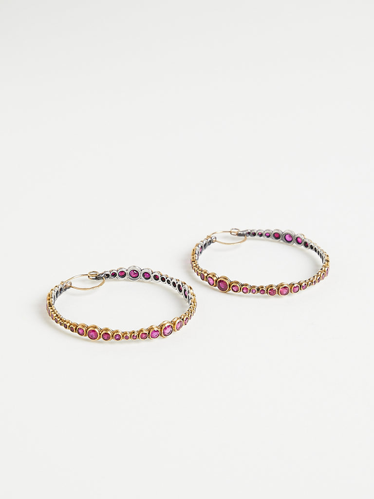 Judy Geib Ruby Hoop Earrings with 22k Gold and Silver