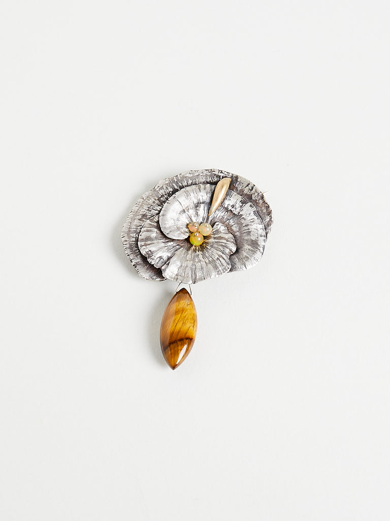 Gabriella Kiss One Of A Kind Mushroom Brooch in Sterling Silver With 18k Yellow Gold Slug, Tiger's Eye and Opal