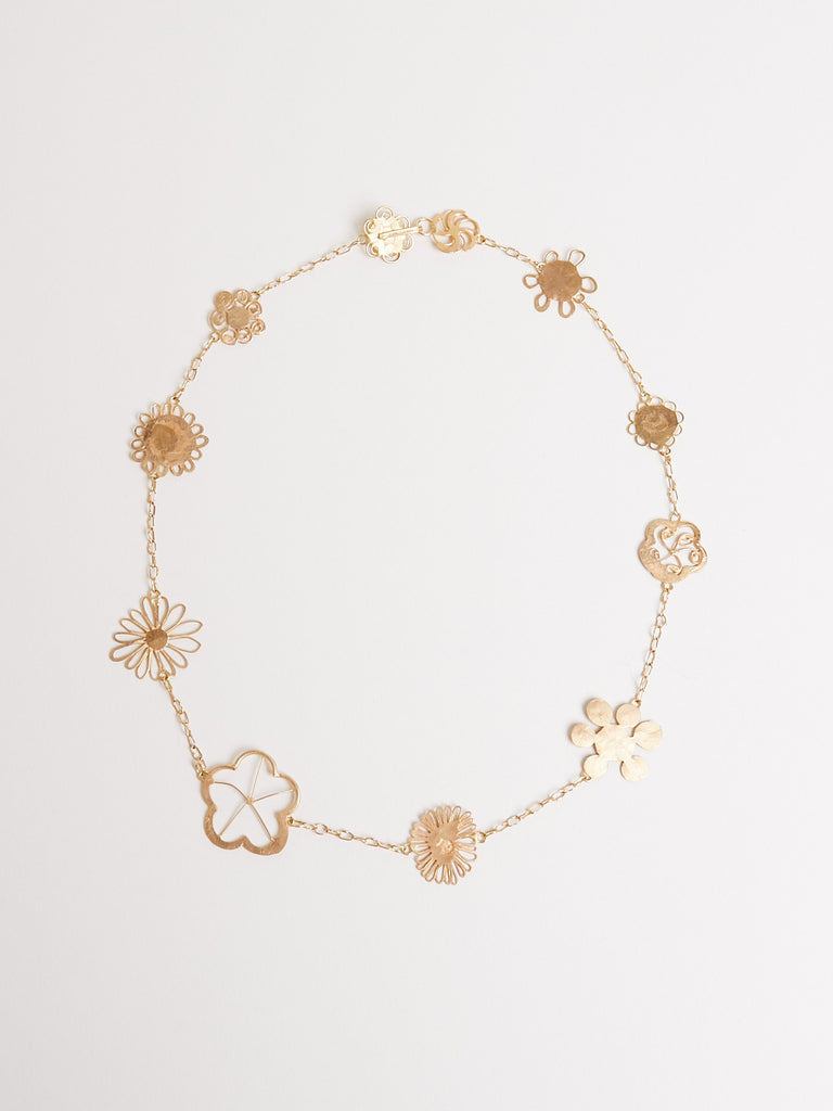 Judy Geib Tea Length Flowery Necklace in Unique Arrangment of Flowers in 18k Yellow Gold