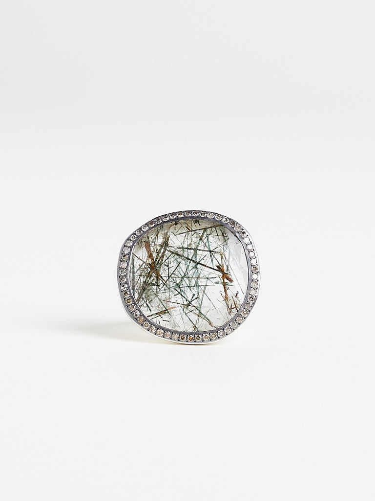 Rosa Maria - Roberta Ring in Sterling Silver with Cognac Diamonds & Green Rutilated Quartz