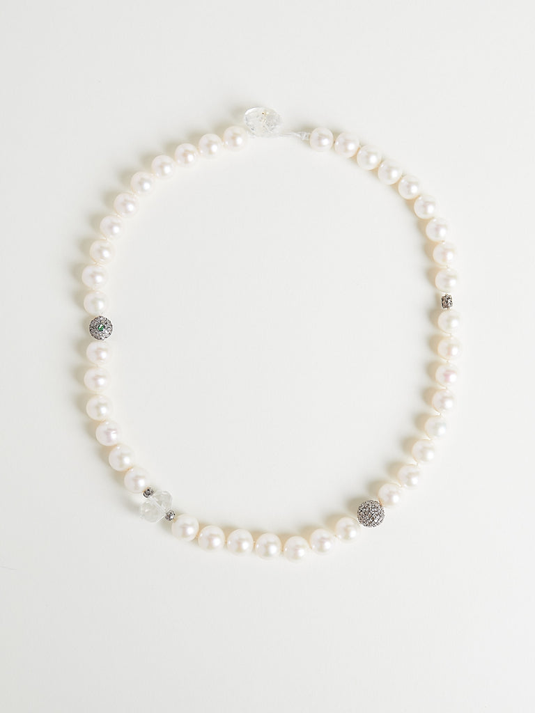 Ileana Makri - Pearl Beaded Necklace with Multi Colour Semi Precious Stones and Silver & Grey Diamond Motifs