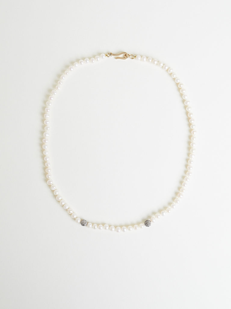 Ileana Makri - Pearl Beaded Necklace with Silver & Grey Diamond Motifs and 9k Yellow Gold Clasp