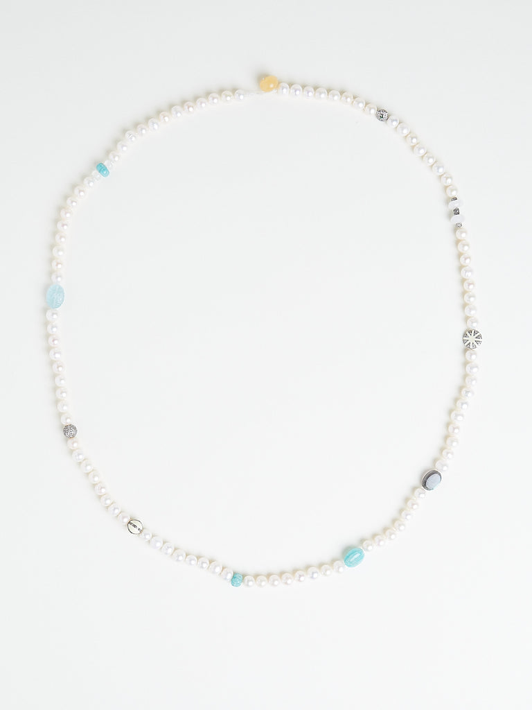 Ileana Makri - Black Oval Pearl Beaded Necklace with Multicolour Semi Precious Stones and Grey Diamonds with Enamel in Silver Motifs