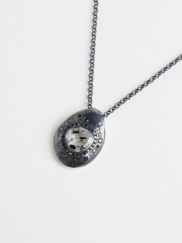 Rosa Maria - Pe Necklace in Sterling Silver with Black Diamonds & Black Rutilated Quartz Dots