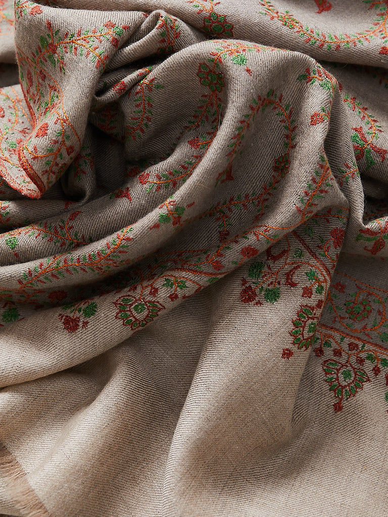 Yaser Shaw - Embroidered Pashmina Shawl in Taupe and Sand with Orange and Green Embroideries