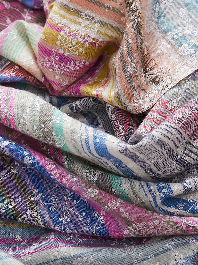 Yaser Shaw - Embroidered Pashmina Shawl in Stripe Multi with Blush Embroideries