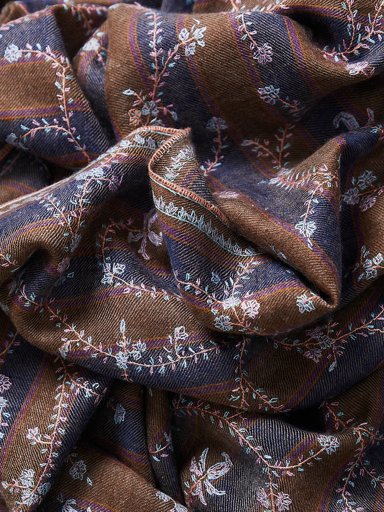 Yaser Shaw - Embroidered Pashmina Shawl in Denim/Brown, Purple Stripe with Salmon Embroideries