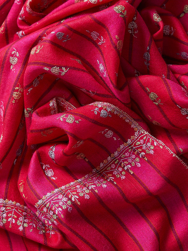 Yaser Shaw - Embroidered Pashmina Shawl in Fuchsia Pink Check with Silver Embroideries