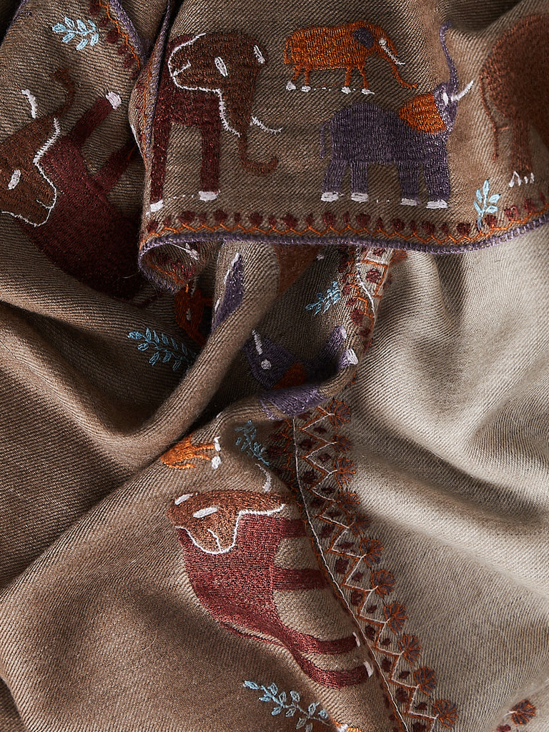 Yaser Shaw - Embroidered Pashmina Shawl in Beige with Elephant Family Embroideries