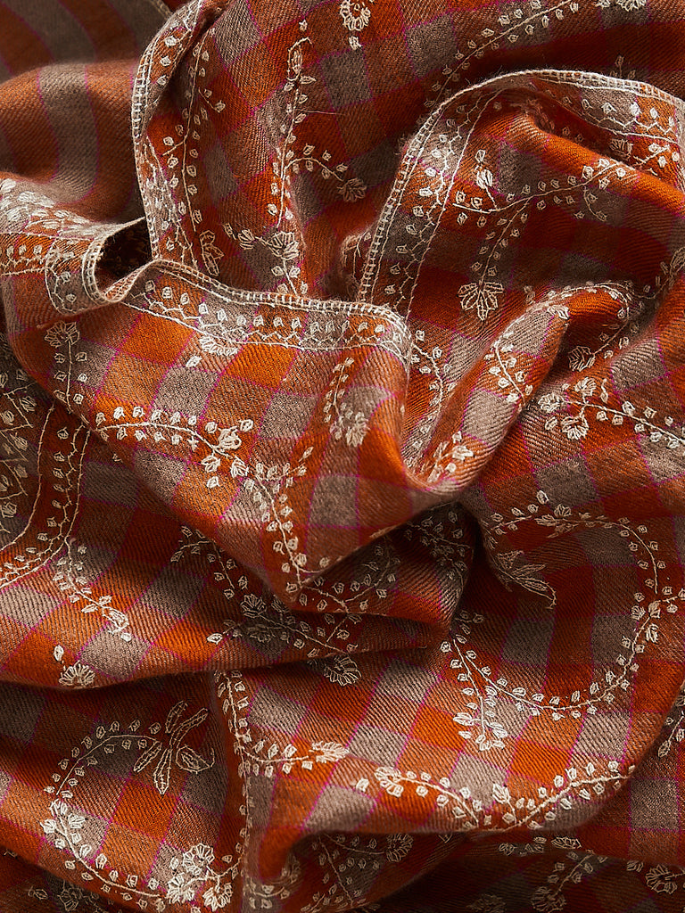 Yaser Shaw - Embroidered Pashmina Shawl in Burnt Orange/Taupe, Fuchsia Check with Pale Green Embroideries