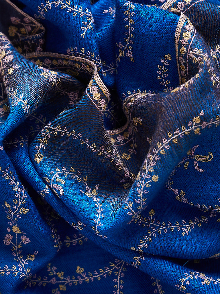 Yaser Shaw - Embroidered Pashmina Shawl in Denim/Azure Degrades with Pink Embroideries