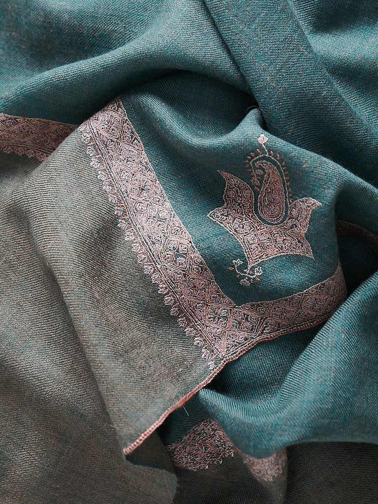 Yaser Shaw - Embroidered Pashmina Shawl in Sage/Moss with Watermelon Paisley Embroideries