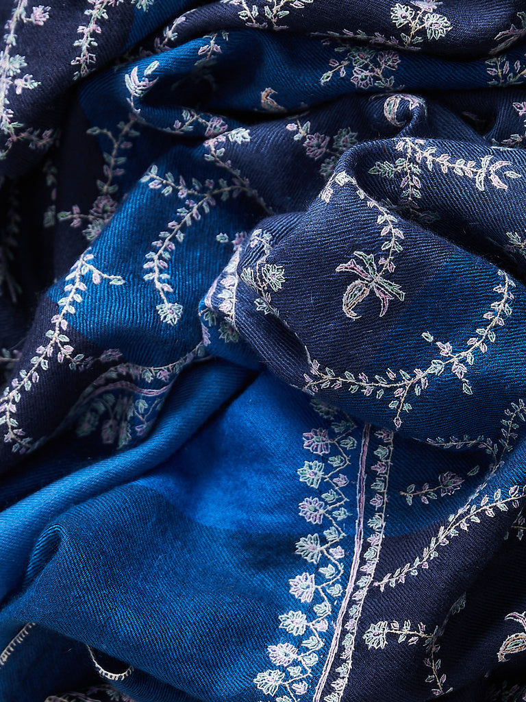 Yaser Shaw - Embroidered Pashmina Shawl in Denim and Lagoon with Pink and Mint Embroideries