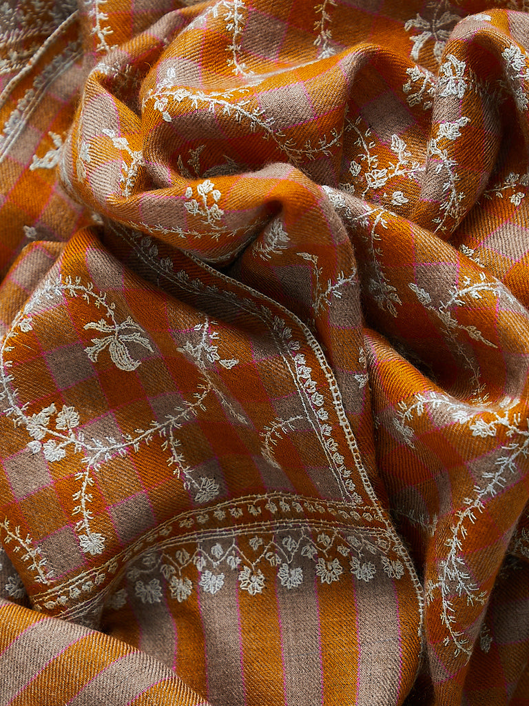 Yaser Shaw - Embroidered Pashmina Shawl in Turmeric/Taupe, Fuchsia Check with Mint Embroideries