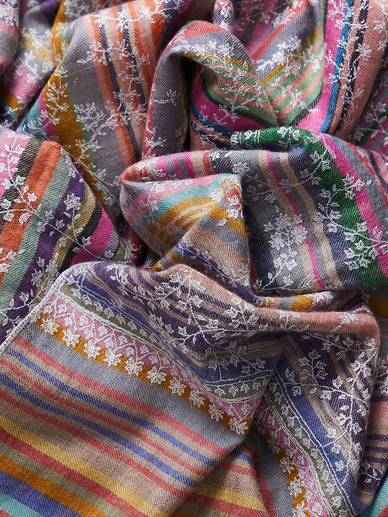 Yaser Shaw - Embroidered Pashmina Shawl in Stripe Rainbow with Frost Embroideries