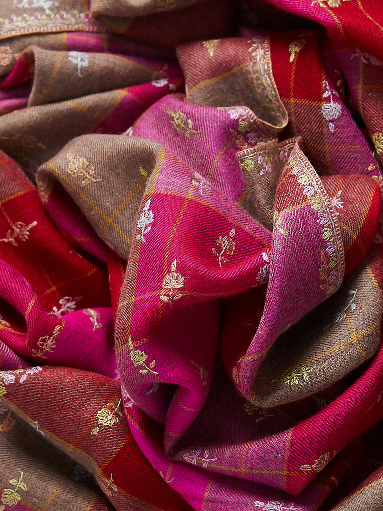 Yaser Shaw - Embroidered Pashmina Shawl in Fuchsia/Red Check with Pastel Embroideries