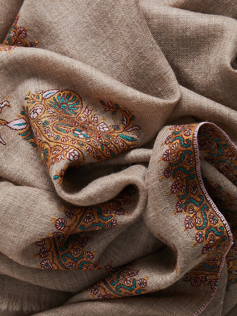 Yaser Shaw - Embroidered Pashmina Shawl in Beige with Turmeric and Bottle Green Paisley Embroideries