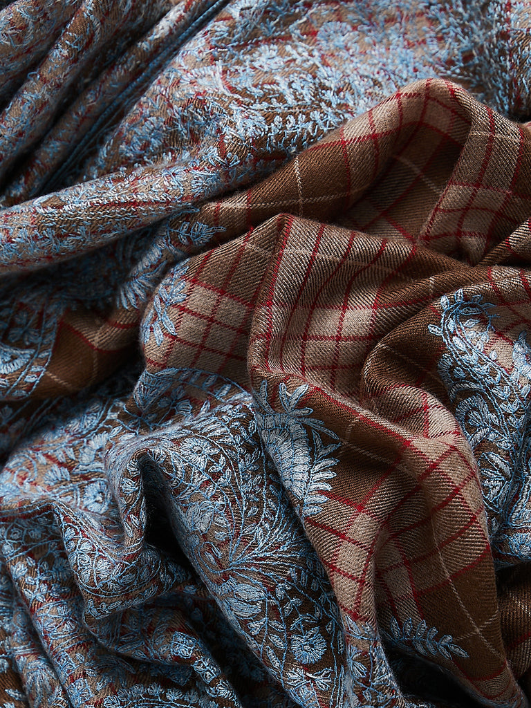 Yaser Shaw - XL Embroidered Pashmina Shawl in Brown/Natural/Red Checks with Light Blue Embroideries