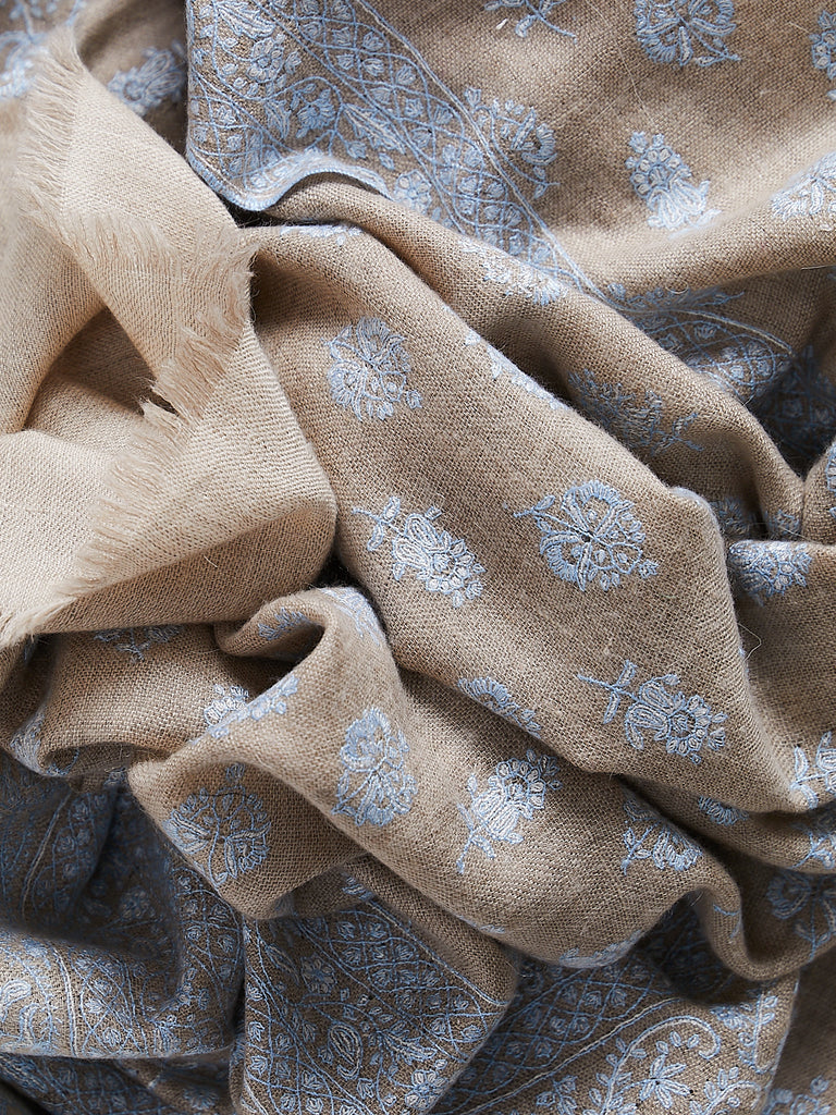 Yaser Shaw - XL Embroidered Pashmina Shawl in Natural with Baby Blue Embroideries