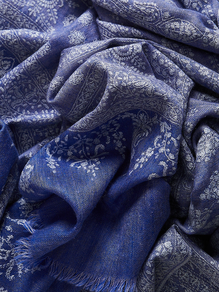 Yaser Shaw - Embroidered Pashmina Shawl in Blue Chambray with White Embroideries