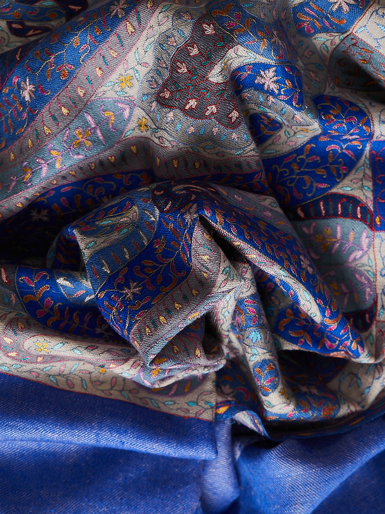 Yaser Shaw - Embroidered Pashmina Shawl in Blue/Cream with Multicolour Embroideries