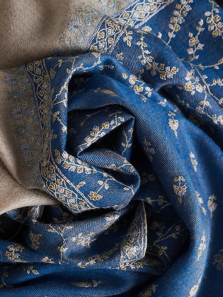 Yaser Shaw - Embroidered Pashmina Shawl in Denim and Sand with Mustard Embroideries