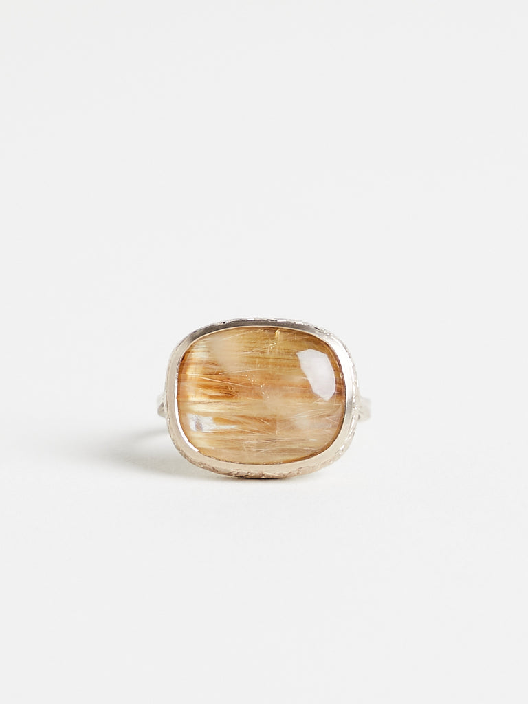 Anaconda - Flame Engraved Ring with 9.5ct Gold Rutilated Quartz on 9k White Gold