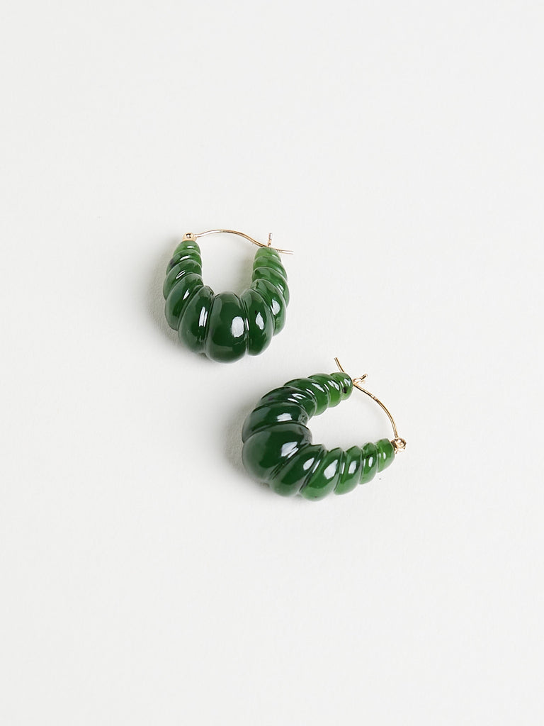 Ten Thousand Things - Jade Stone Carved Hoop Earrings on 18k Yellow Gold