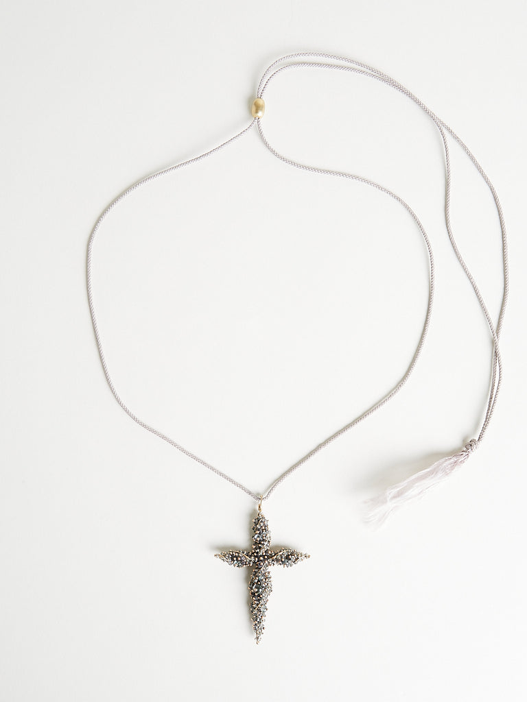 Ted Muehling - Pussywillow Cross Pendant with Sapphire on Lavender Silk Cord and 18k Slide
