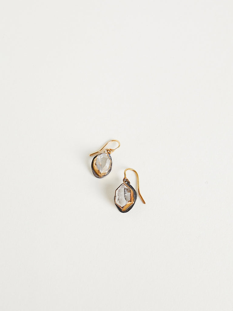 Judy Geib - Single Drop Herkimer Diamond Earrings with Bezel Set in 18k Gold and Silver