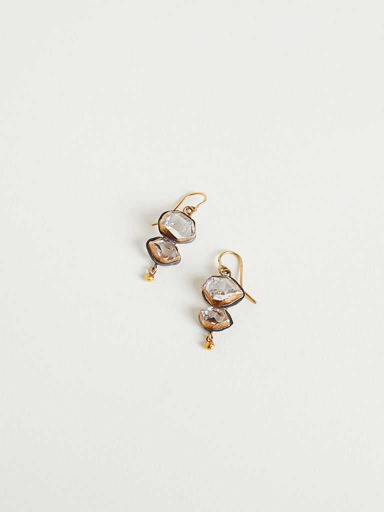 Judy Geib - Herkimer Diamond Double Drop Earrings with 24k Gold Ball in 18k and Silver
