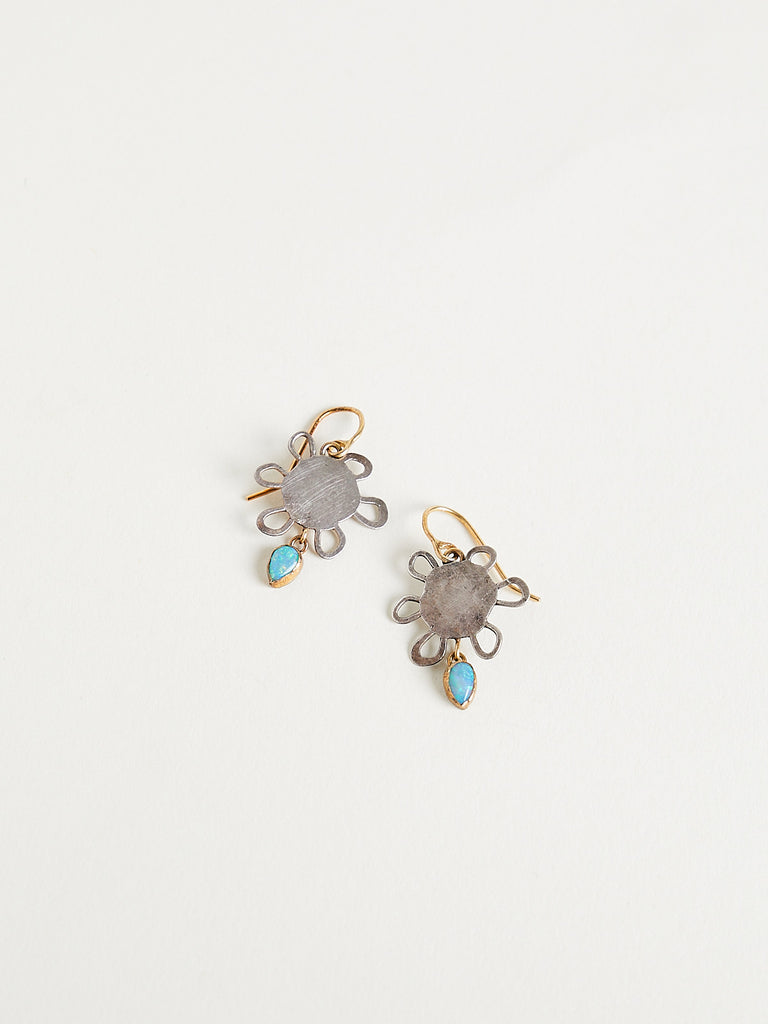 Judy Geib - Small Flowery Earrings in Silver With Upside Down Opal Drop in 18k Gold Details