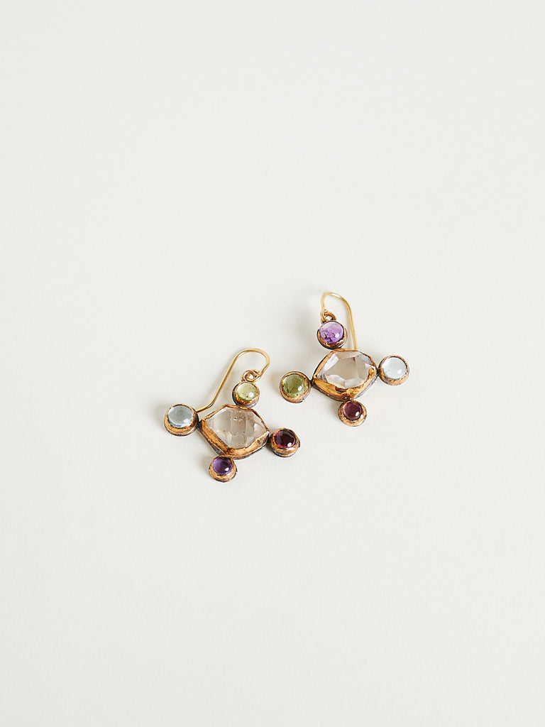 Judy Geib - Herkimer Diamond and Multi-Colored Stone Cross-Shaped Earrings in 18k Gold a Silver