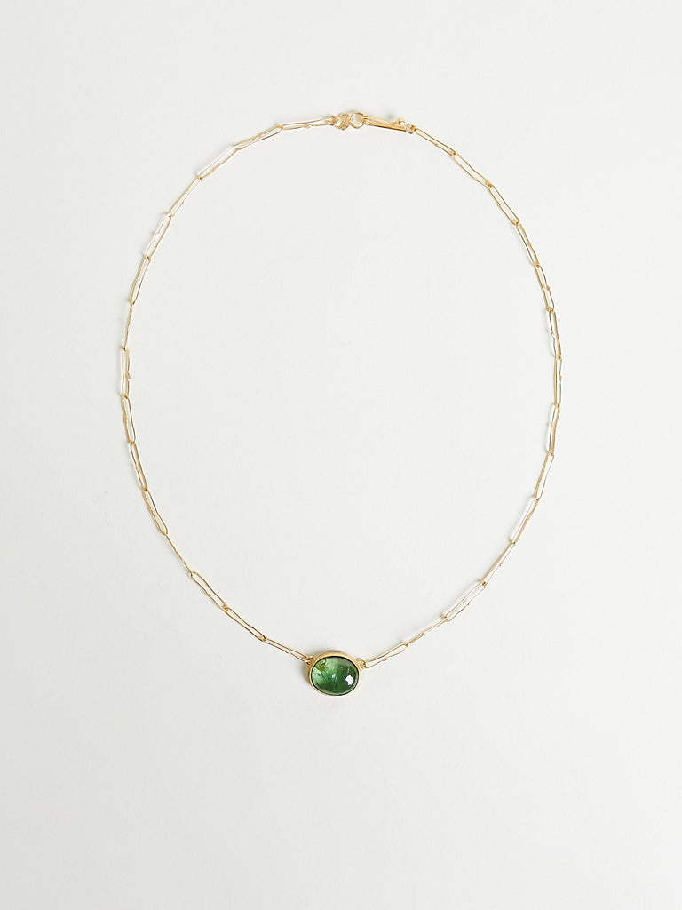 Judy Geib - 8.14ct Green Tourmaline Oval Cabachon Echo Handmade Necklace in 18k Gold