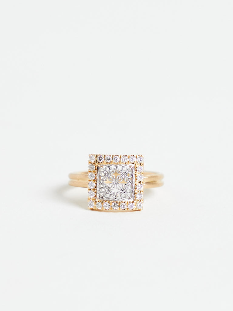 Nikolle Radi - Square Pave Ring with White Diamonds in 18k Yellow Gold and Platinum