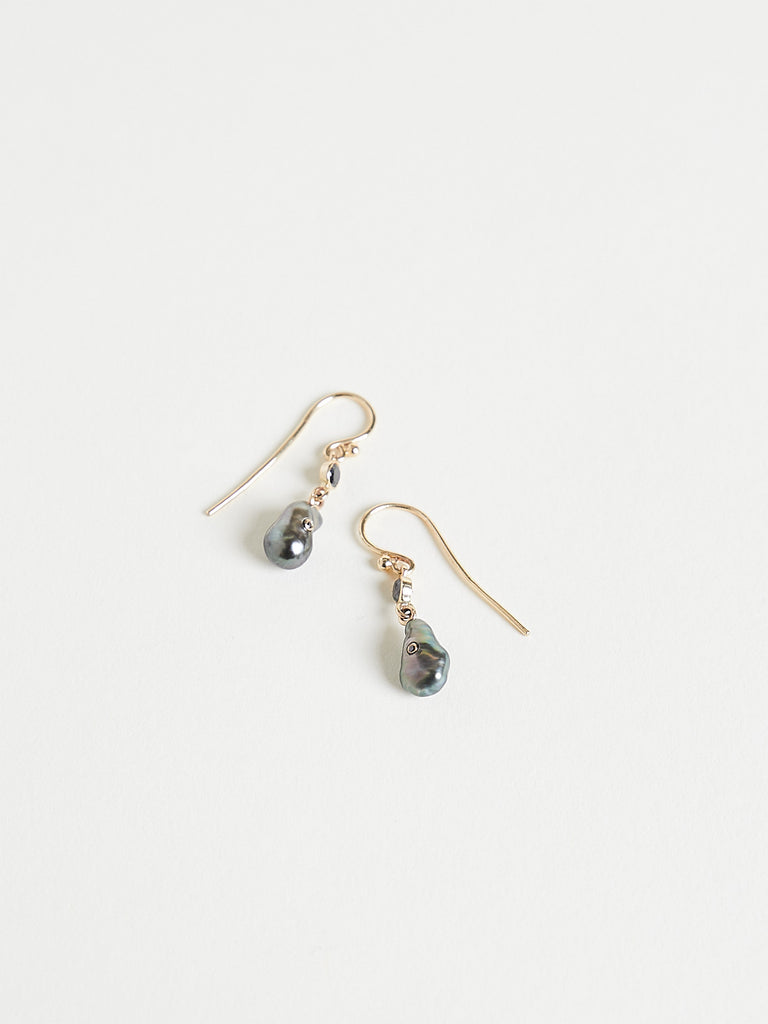Alice Waese - Small Keshi Drop Earrings On Hooks in 14K Yellow Gold with Pearls Black Diamonds