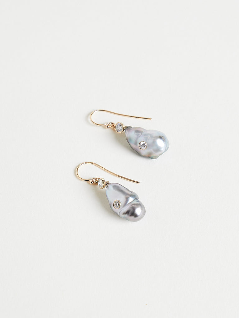 Alice Waese - Big Keshi Drop Earrings On Hooks in 14K Yellow Gold with Diamonds and Keshi Pearls