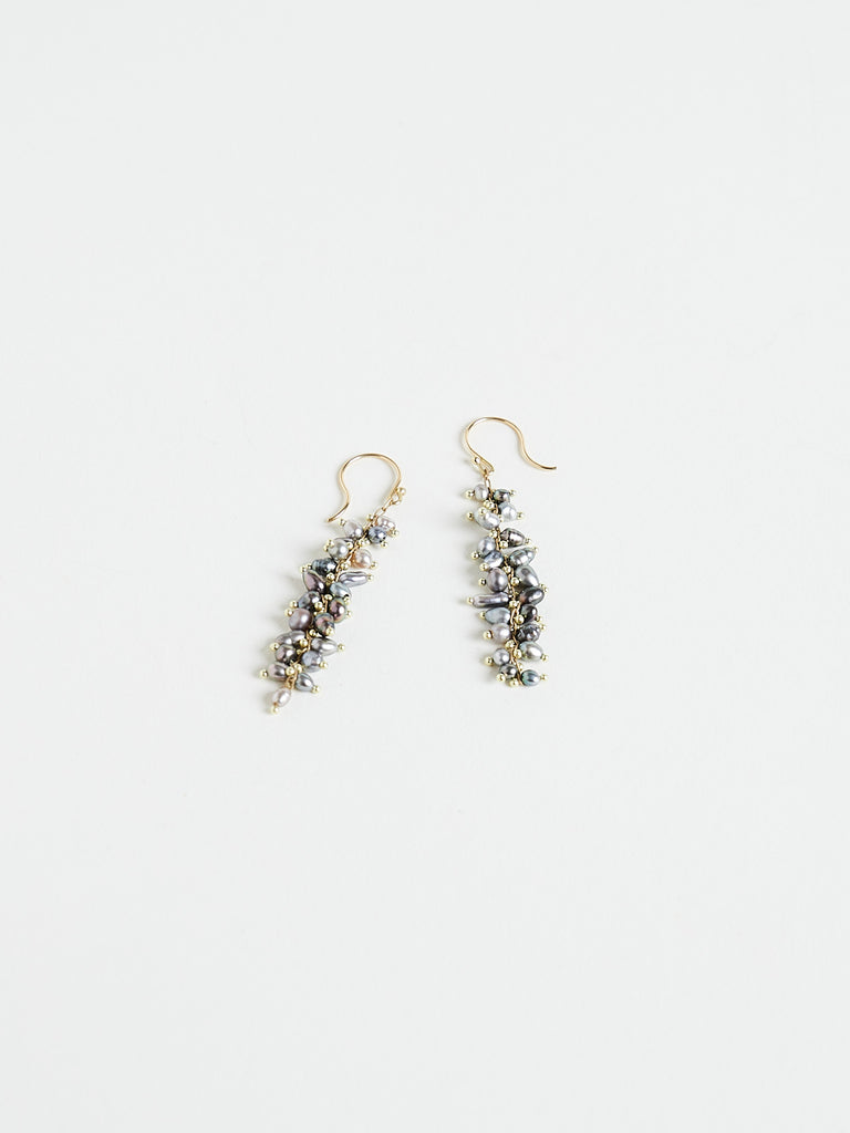 Ten Thousand Things - Long Spiral Beaded Earring with Black Tahitian on 18k Yellow Gold