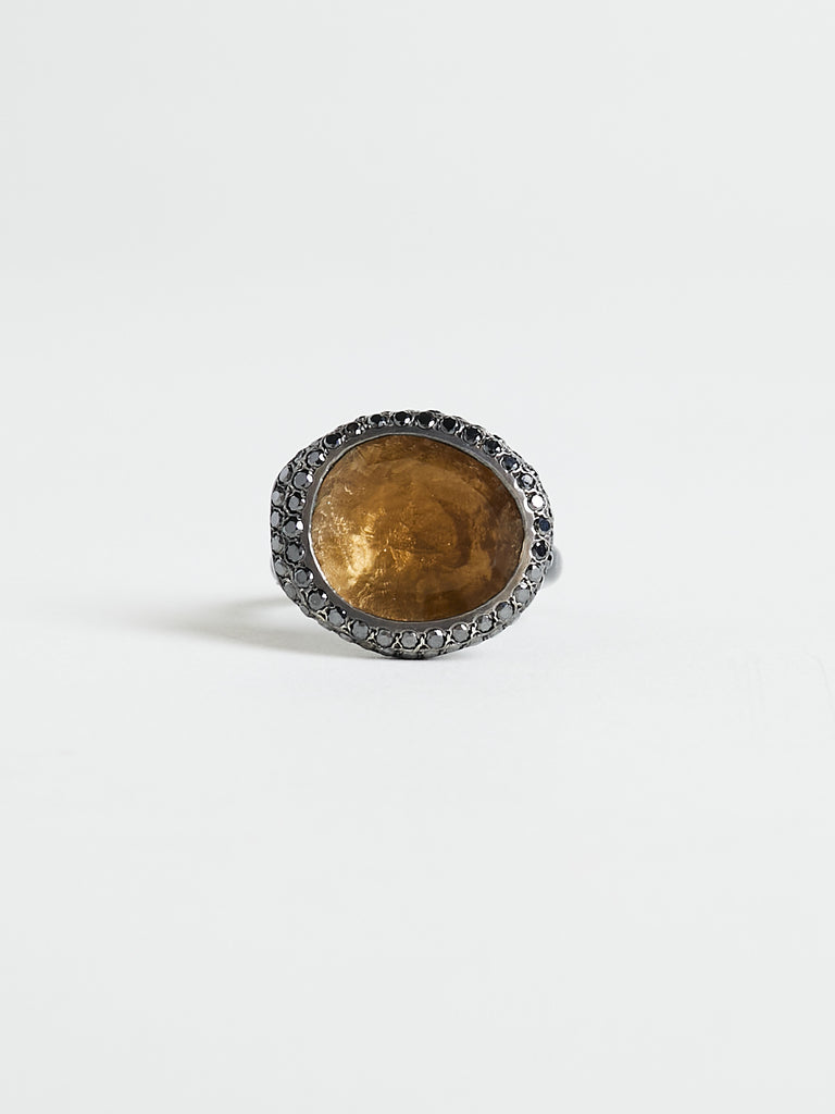 Rosa Maria - Baskar Ring with 0.96ct Black Diamonds & 7.47ct Honey Quartz in Sterling Silver