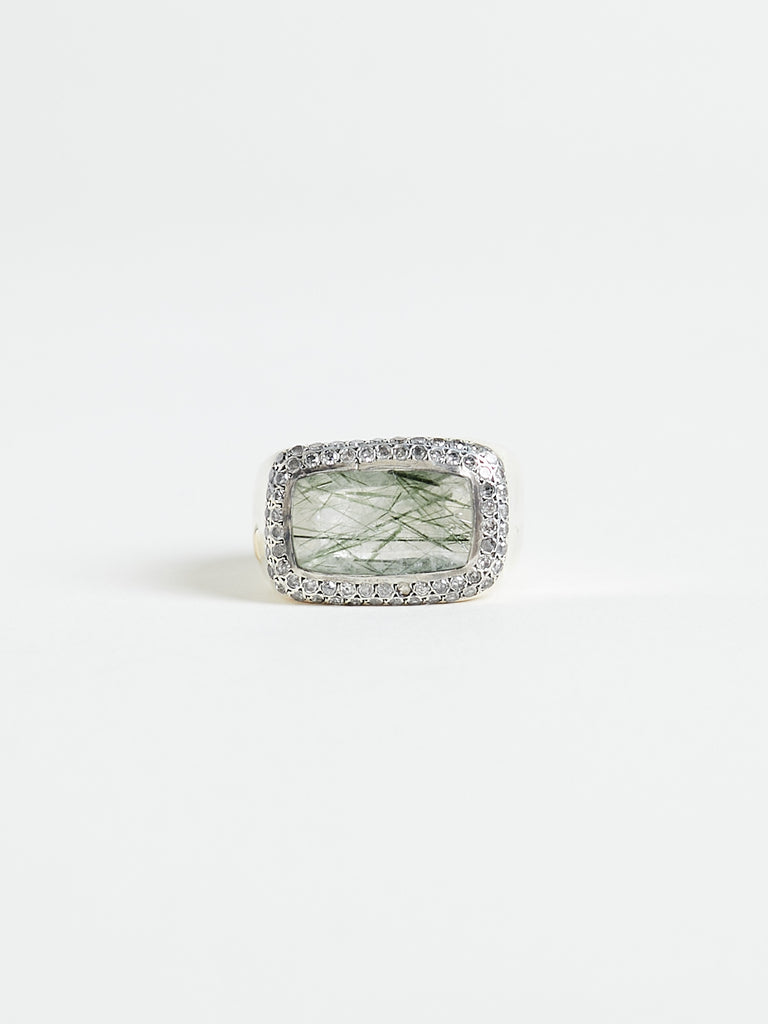 Rosa Maria - Naslia Ring with 0.64ct Icy Grey Diamonds & 4.73ct Green Rutilated Quartz on Sterling Silver