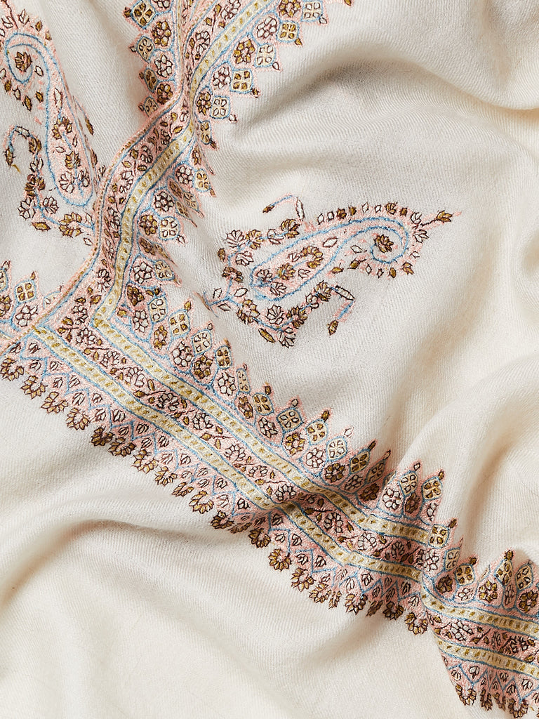 Yaser Shaw - Pashmina Shawl in Beige with Pink and Olive Embroideries