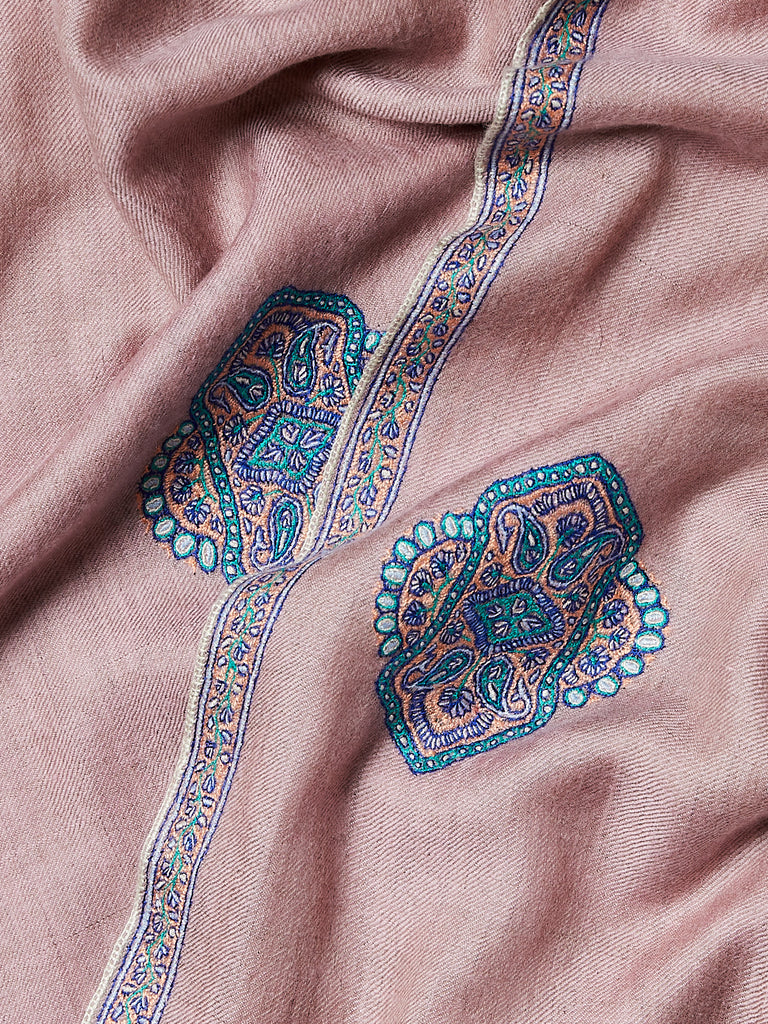 Yaser Shaw - Pashmina Shawl in Pink Rose with Teal Embroideries