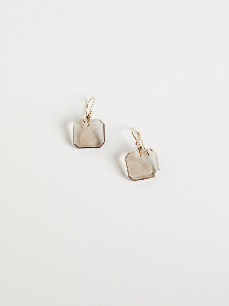 Gabriella Kiss - Smoky Quartz Feather Intaglio Earrings on 14k Yellow Gold