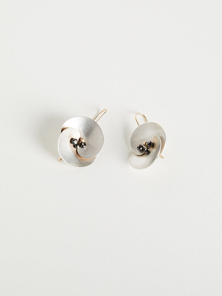 Gabriella Kiss - Medium Mexican Flower Earrings with Black Diamonds on 14k Yellow Gold and Silver