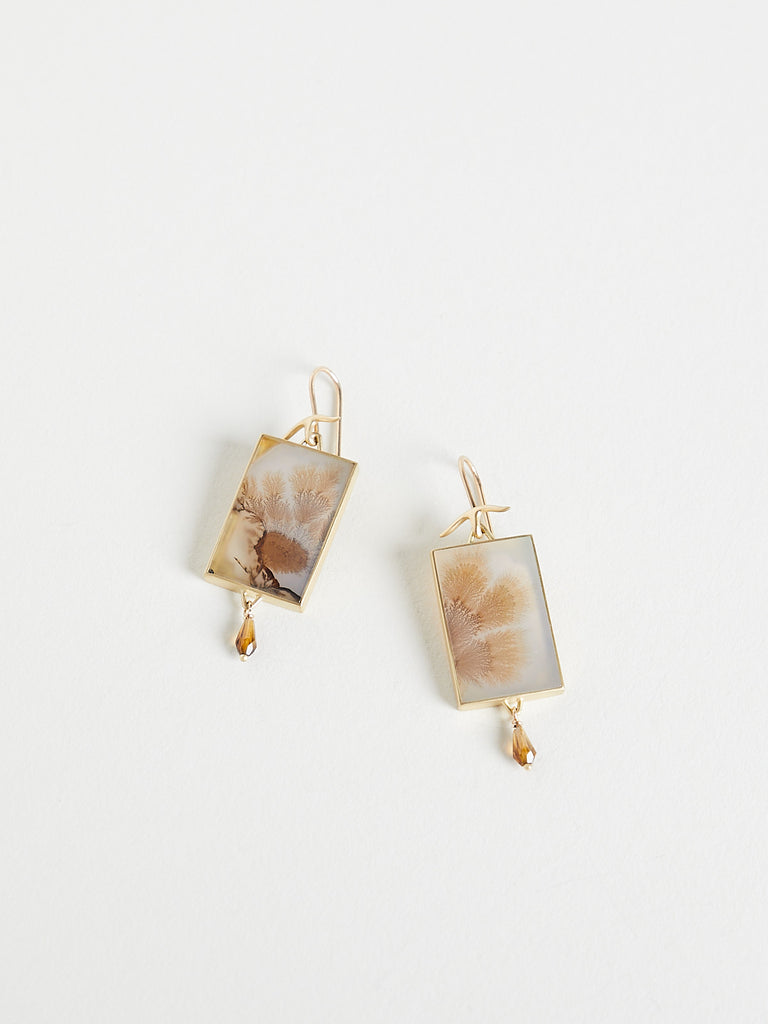 Gabriella Kiss - Long Rectangular Dendrite Earrings with Tourmaline on 18k Yellow Gold