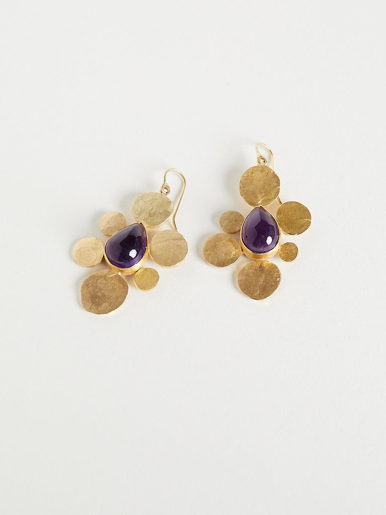 Judy Geib - Large Pretty Pear-Shaped Amethyst Earrings Set Surrounded by 22k Yellow Gold Squashes with 18k Yellow Gold Details