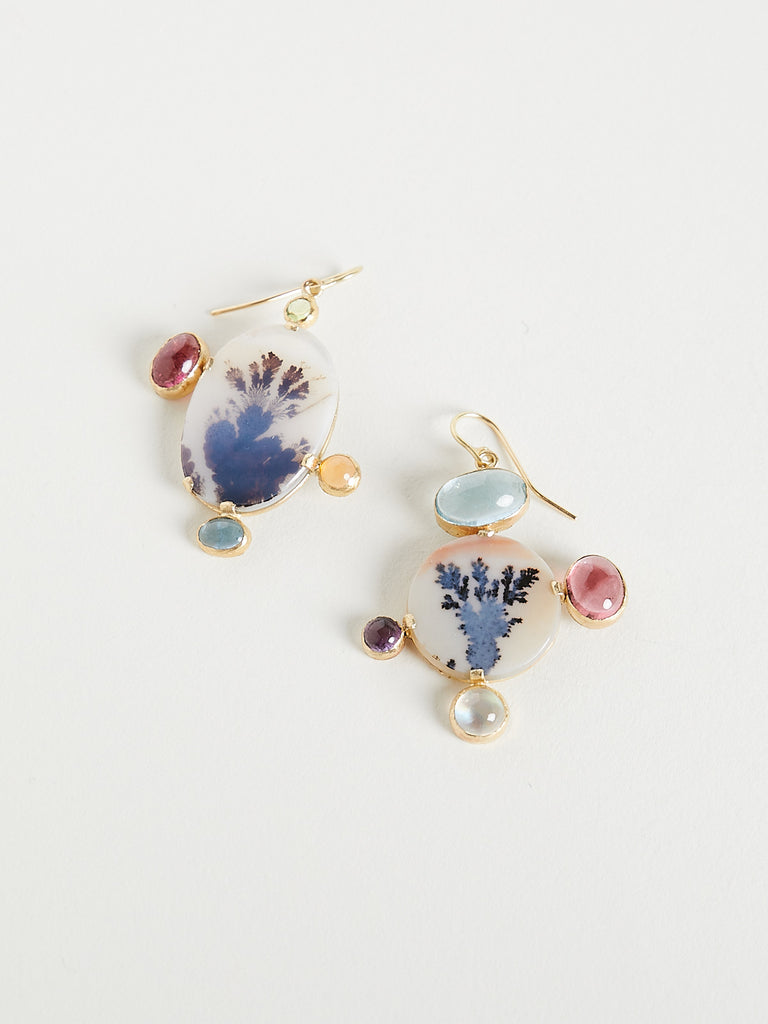 Judy Geib - Mineral Life Chandelier Earrings with Dendritic Agate, Aquamarine, Peridot, Moonstone, Pink Tourmaline, Amethyst set in 18k Yellow Gold